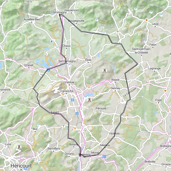 Miniature de la carte de l'inspiration cycliste "Boucle de la Côte" dans la Franche-Comté, France. Générée par le planificateur d'itinéraire cycliste Tarmacs.app