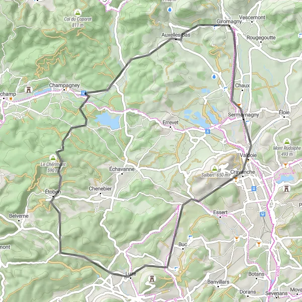 Miniature de la carte de l'inspiration cycliste "Boucle de Châlonvillars - Auxelles-Bas" dans la Franche-Comté, France. Générée par le planificateur d'itinéraire cycliste Tarmacs.app
