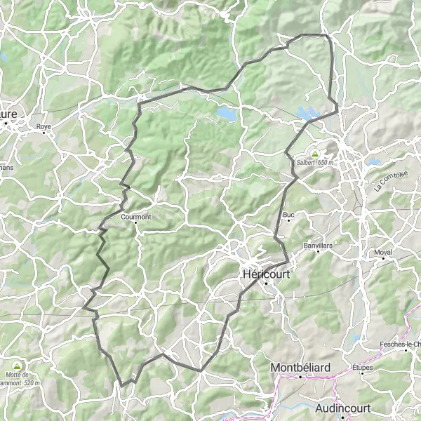 Miniature de la carte de l'inspiration cycliste "Parcours des Villes et Villages" dans la Franche-Comté, France. Générée par le planificateur d'itinéraire cycliste Tarmacs.app