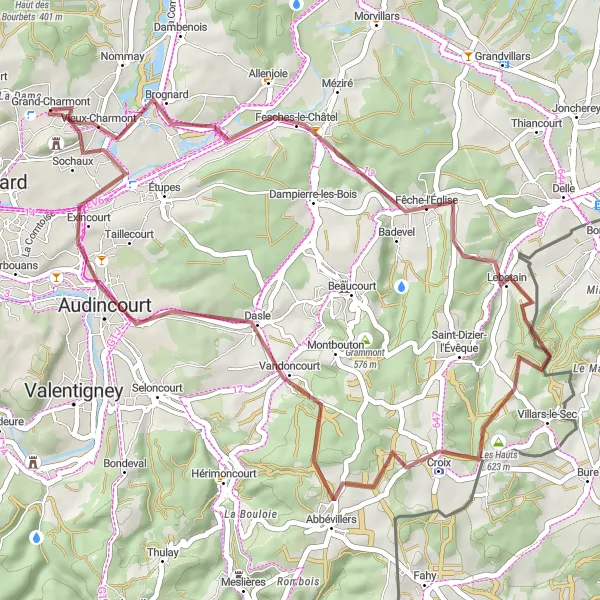 Miniature de la carte de l'inspiration cycliste "Parcours de gravel autour de Grand-Charmont" dans la Franche-Comté, France. Générée par le planificateur d'itinéraire cycliste Tarmacs.app