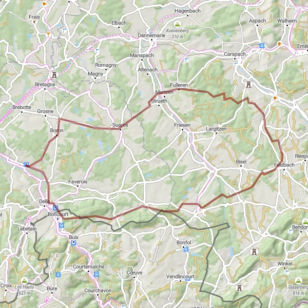 Map miniature of "Winding Gravel Roads" cycling inspiration in Franche-Comté, France. Generated by Tarmacs.app cycling route planner