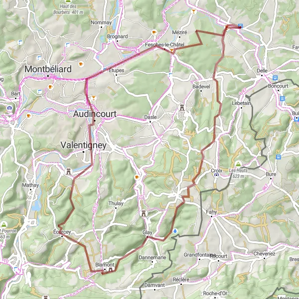 Map miniature of "Exploring Franche-Comté’s Gravel Heaven" cycling inspiration in Franche-Comté, France. Generated by Tarmacs.app cycling route planner