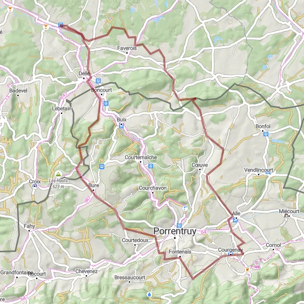 Miniature de la carte de l'inspiration cycliste "Les collines de Franche-Comté" dans la Franche-Comté, France. Générée par le planificateur d'itinéraire cycliste Tarmacs.app