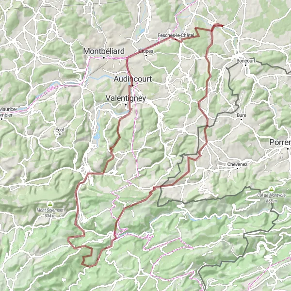 Miniature de la carte de l'inspiration cycliste "Les Sentiers Sauvages de Franche-Comté" dans la Franche-Comté, France. Générée par le planificateur d'itinéraire cycliste Tarmacs.app