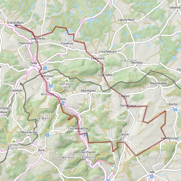 Miniature de la carte de l'inspiration cycliste "Les Collines du Territoire de Belfort" dans la Franche-Comté, France. Générée par le planificateur d'itinéraire cycliste Tarmacs.app