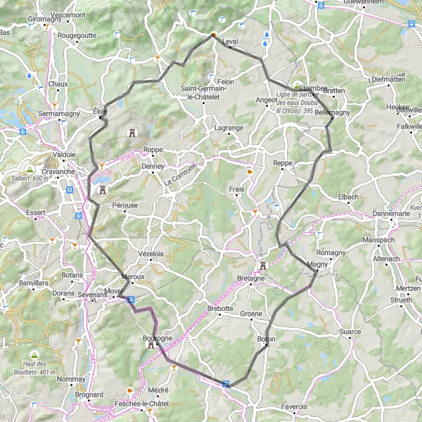 Map miniature of "Remarkable Road Ride" cycling inspiration in Franche-Comté, France. Generated by Tarmacs.app cycling route planner