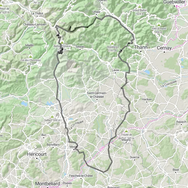 Miniature de la carte de l'inspiration cycliste "Circuit de la Montagne Franche-Comté" dans la Franche-Comté, France. Générée par le planificateur d'itinéraire cycliste Tarmacs.app