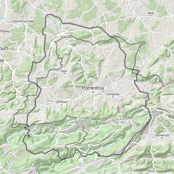 Map miniature of "Conquering the Roadways of Franche-Comté near Grandvillars" cycling inspiration in Franche-Comté, France. Generated by Tarmacs.app cycling route planner