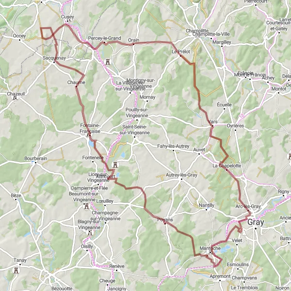 Map miniature of "Fontaine-Française & Sacquenay Gravel Challenge" cycling inspiration in Franche-Comté, France. Generated by Tarmacs.app cycling route planner