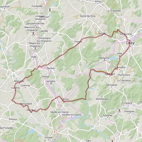 Map miniature of "Talmay & Bézouotte Gravel Loop" cycling inspiration in Franche-Comté, France. Generated by Tarmacs.app cycling route planner