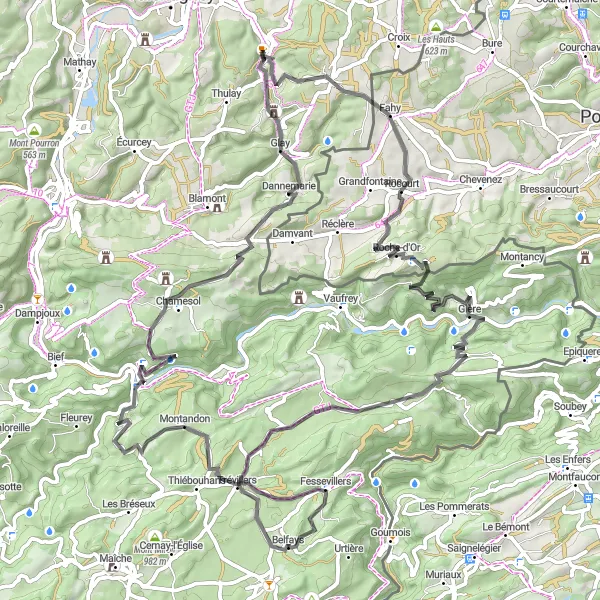 Map miniature of "From Hérimoncourt to Abbévillers" cycling inspiration in Franche-Comté, France. Generated by Tarmacs.app cycling route planner