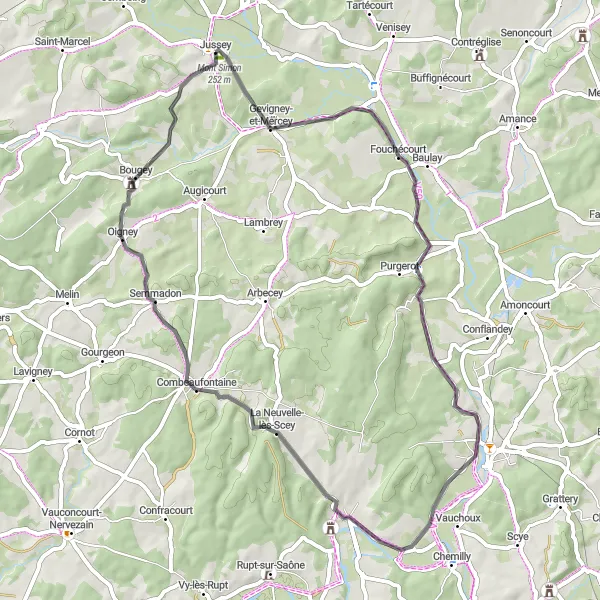 Map miniature of "Scenic Roads of Jussey" cycling inspiration in Franche-Comté, France. Generated by Tarmacs.app cycling route planner