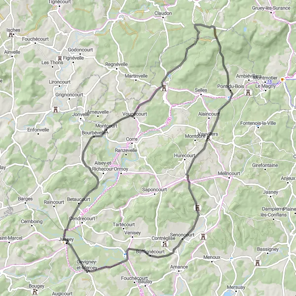 Map miniature of "Bourbévelle to Gevigney-et-Mercey via Passavant-la-Rochère and Château de Vauvillers" cycling inspiration in Franche-Comté, France. Generated by Tarmacs.app cycling route planner