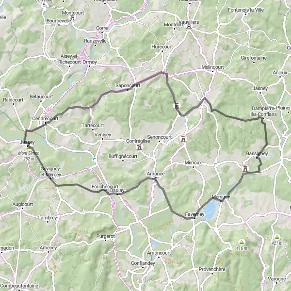 Map miniature of "Magny-lès-Jussey to Mont Simon via Polaincourt-et-Clairefontaine, Bassigney, and Baulay" cycling inspiration in Franche-Comté, France. Generated by Tarmacs.app cycling route planner