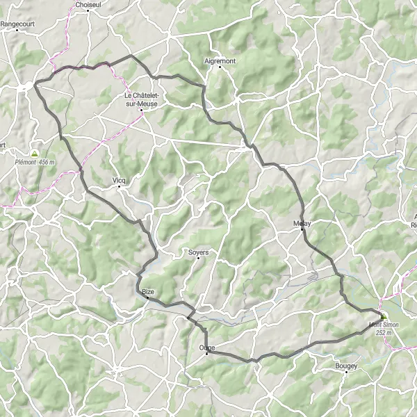 Map miniature of "Jussey to Bourbonne-les-Bains Loop" cycling inspiration in Franche-Comté, France. Generated by Tarmacs.app cycling route planner