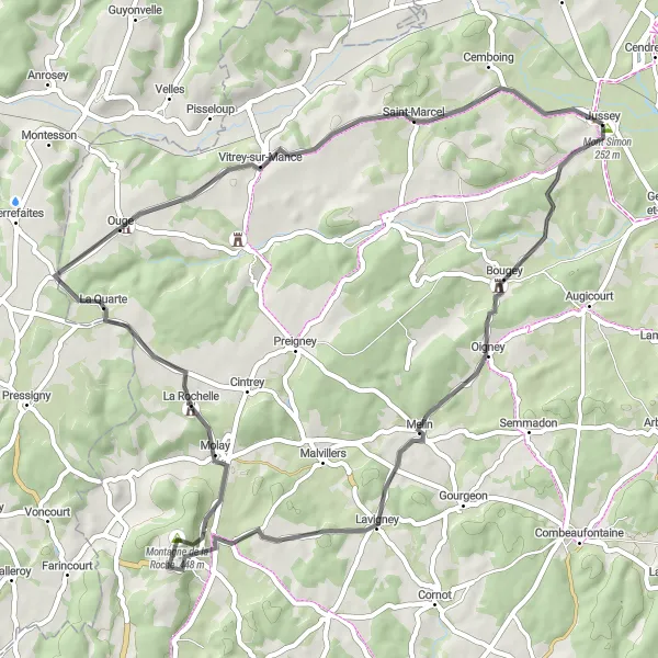Map miniature of "Jussey to Cemboing Loop" cycling inspiration in Franche-Comté, France. Generated by Tarmacs.app cycling route planner