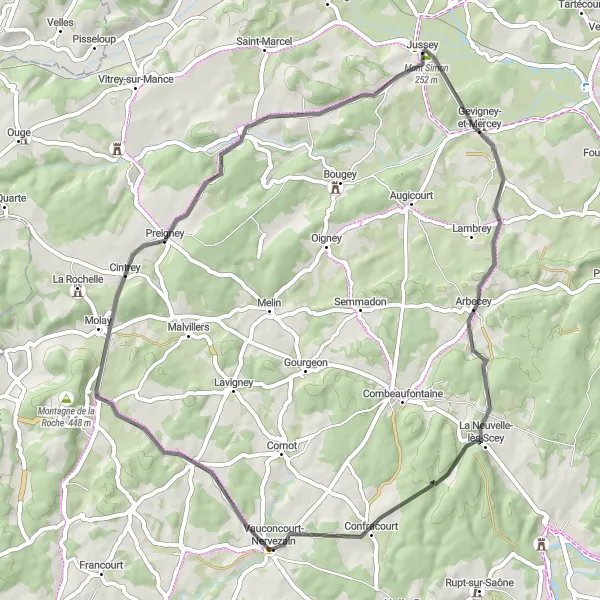 Map miniature of "Jussey to Mont Simon via Vauconcourt-Nervezain, La Roche-Morey, and Preigney" cycling inspiration in Franche-Comté, France. Generated by Tarmacs.app cycling route planner