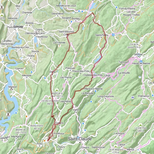 Miniature de la carte de l'inspiration cycliste "Excursion à vélo gravel à travers les montagnes près de Lavans-lès-Saint-Claude" dans la Franche-Comté, France. Générée par le planificateur d'itinéraire cycliste Tarmacs.app