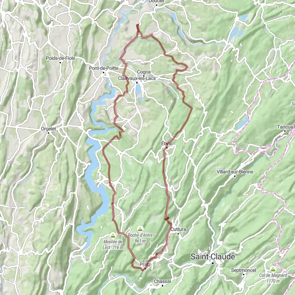 Map miniature of "Scenic Gravel Tour Towards Lavans-lès-Saint-Claude" cycling inspiration in Franche-Comté, France. Generated by Tarmacs.app cycling route planner