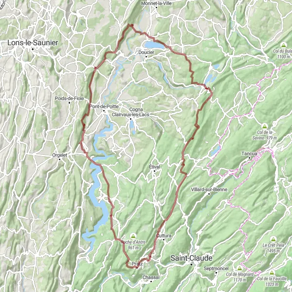 Map miniature of "Cycling through Natural Wonders near Lavans-lès-Saint-Claude" cycling inspiration in Franche-Comté, France. Generated by Tarmacs.app cycling route planner