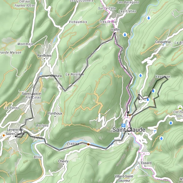 Miniature de la carte de l'inspiration cycliste "Parcours cycliste sur route près de Lavans-lès-Saint-Claude" dans la Franche-Comté, France. Générée par le planificateur d'itinéraire cycliste Tarmacs.app