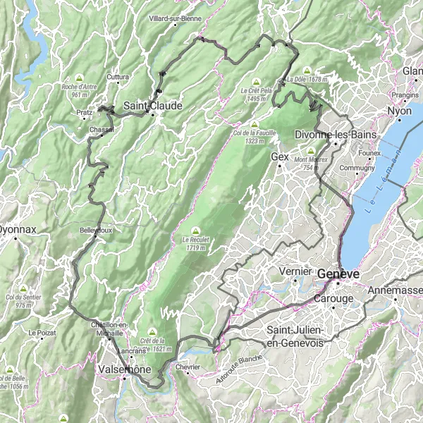 Map miniature of "Ultimate Road Cycling Challenge near Lavans-lès-Saint-Claude" cycling inspiration in Franche-Comté, France. Generated by Tarmacs.app cycling route planner