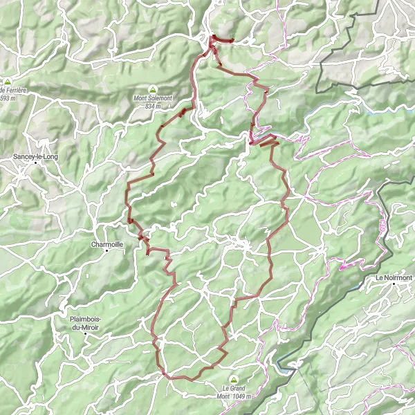 Miniature de la carte de l'inspiration cycliste "L'Expédition de Charquemont" dans la Franche-Comté, France. Générée par le planificateur d'itinéraire cycliste Tarmacs.app