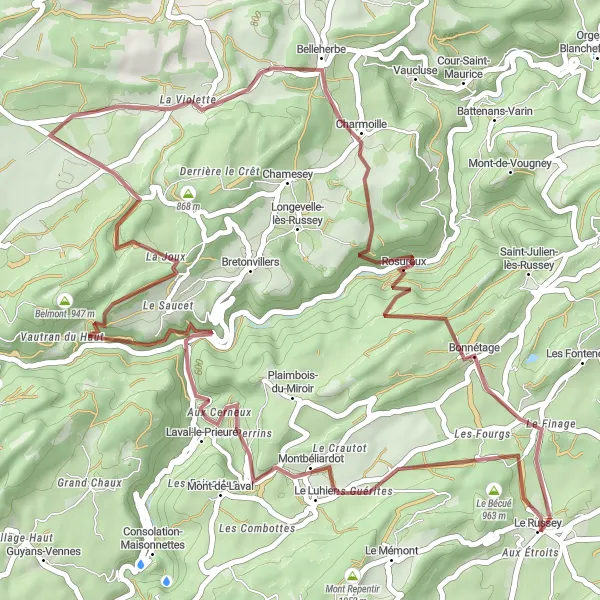 Map miniature of "Gravel Bliss" cycling inspiration in Franche-Comté, France. Generated by Tarmacs.app cycling route planner