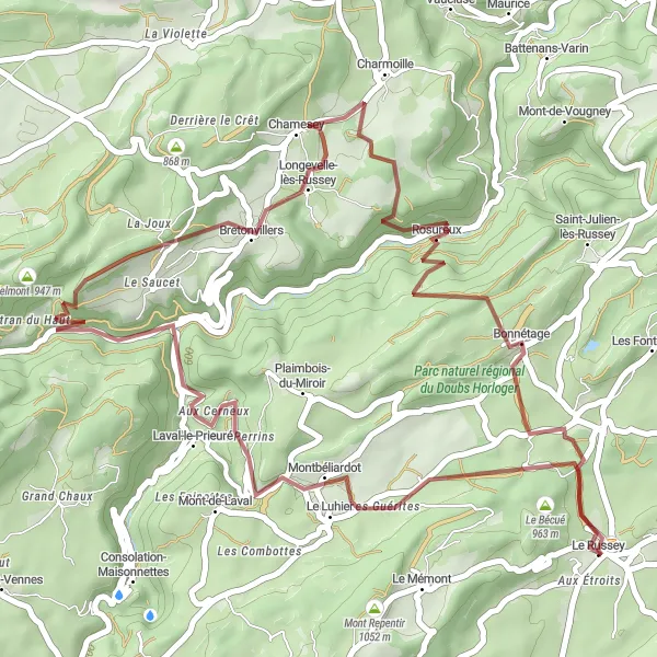 Map miniature of "The Hidden Gems of Le Russey" cycling inspiration in Franche-Comté, France. Generated by Tarmacs.app cycling route planner