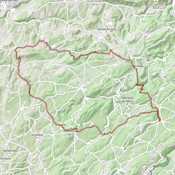 Map miniature of "Le Russey Gravel Adventure" cycling inspiration in Franche-Comté, France. Generated by Tarmacs.app cycling route planner