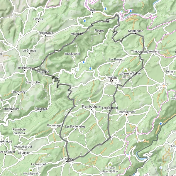 Map miniature of "Scenic Road Escape" cycling inspiration in Franche-Comté, France. Generated by Tarmacs.app cycling route planner