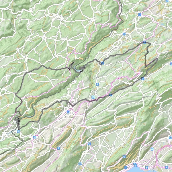 Miniature de la carte de l'inspiration cycliste "Route des Lacs et des Monts" dans la Franche-Comté, France. Générée par le planificateur d'itinéraire cycliste Tarmacs.app