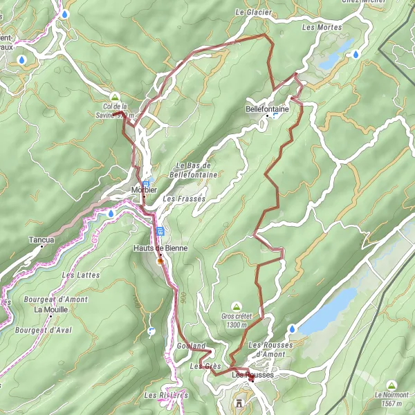 Miniature de la carte de l'inspiration cycliste "Les Rousses - Col de la Savine" dans la Franche-Comté, France. Générée par le planificateur d'itinéraire cycliste Tarmacs.app