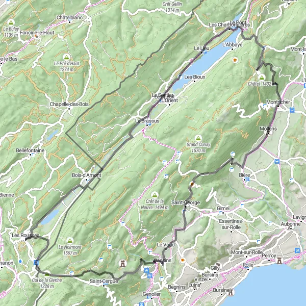 Map miniature of "Les Rousses to Col du Mollendruz Loop" cycling inspiration in Franche-Comté, France. Generated by Tarmacs.app cycling route planner