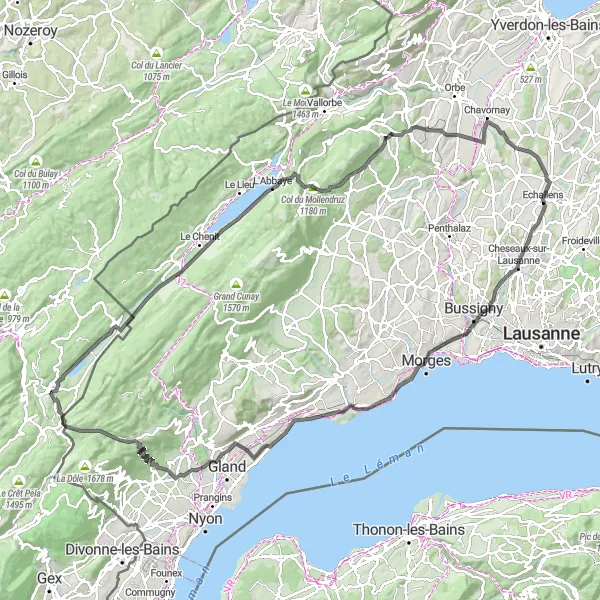 Miniature de la carte de l'inspiration cycliste "Les Rousses - Morges" dans la Franche-Comté, France. Générée par le planificateur d'itinéraire cycliste Tarmacs.app