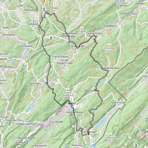 Map miniature of "Les Rousses to Foncine-le-Haut Loop" cycling inspiration in Franche-Comté, France. Generated by Tarmacs.app cycling route planner