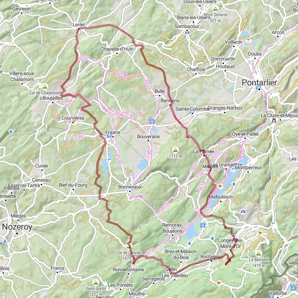 Miniature de la carte de l'inspiration cycliste "Tour des Lacs du Jura en Gravel" dans la Franche-Comté, France. Générée par le planificateur d'itinéraire cycliste Tarmacs.app