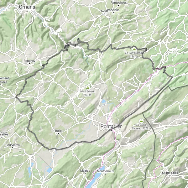 Miniature de la carte de l'inspiration cycliste "Tour à vélo riche en découvertes autour de Levier" dans la Franche-Comté, France. Générée par le planificateur d'itinéraire cycliste Tarmacs.app