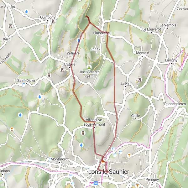 Miniature de la carte de l'inspiration cycliste "Boucle nature autour de Lons-le-Saunier" dans la Franche-Comté, France. Générée par le planificateur d'itinéraire cycliste Tarmacs.app
