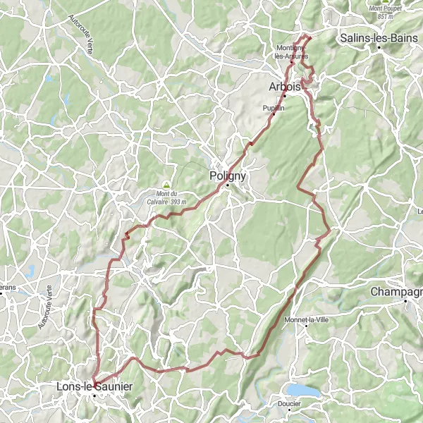 Miniature de la carte de l'inspiration cycliste "Parcours pittoresque autour de Lons-le-Saunier" dans la Franche-Comté, France. Générée par le planificateur d'itinéraire cycliste Tarmacs.app