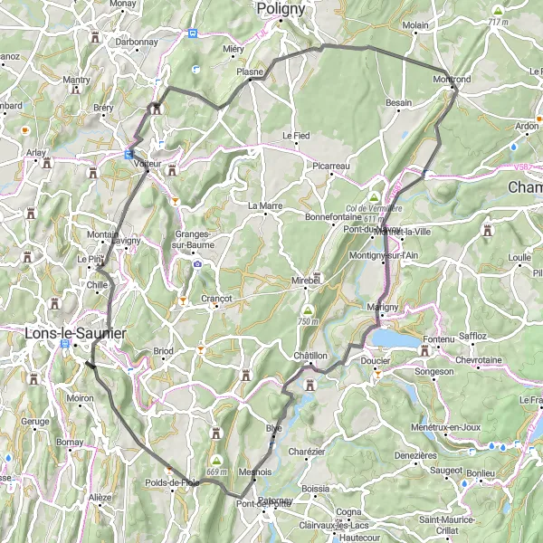 Miniature de la carte de l'inspiration cycliste "Tour de Jura" dans la Franche-Comté, France. Générée par le planificateur d'itinéraire cycliste Tarmacs.app