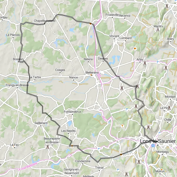 Miniature de la carte de l'inspiration cycliste "Tour des Vignobles et Villages Francs-Comtois" dans la Franche-Comté, France. Générée par le planificateur d'itinéraire cycliste Tarmacs.app