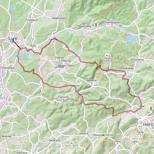 Miniature de la carte de l'inspiration cycliste "Les Terrils de la Haute-Saône" dans la Franche-Comté, France. Générée par le planificateur d'itinéraire cycliste Tarmacs.app