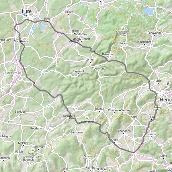 Miniature de la carte de l'inspiration cycliste "Circuit de la Butte" dans la Franche-Comté, France. Générée par le planificateur d'itinéraire cycliste Tarmacs.app