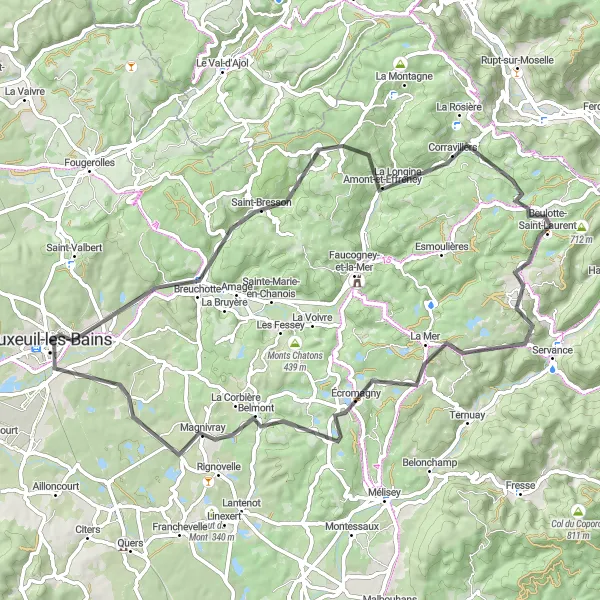 Miniature de la carte de l'inspiration cycliste "Boucle à travers les villages de Franche-Comté" dans la Franche-Comté, France. Générée par le planificateur d'itinéraire cycliste Tarmacs.app