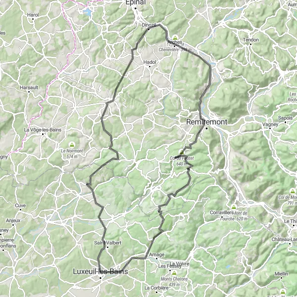 Map miniature of "Challenging Ride through Vosges Mountains" cycling inspiration in Franche-Comté, France. Generated by Tarmacs.app cycling route planner