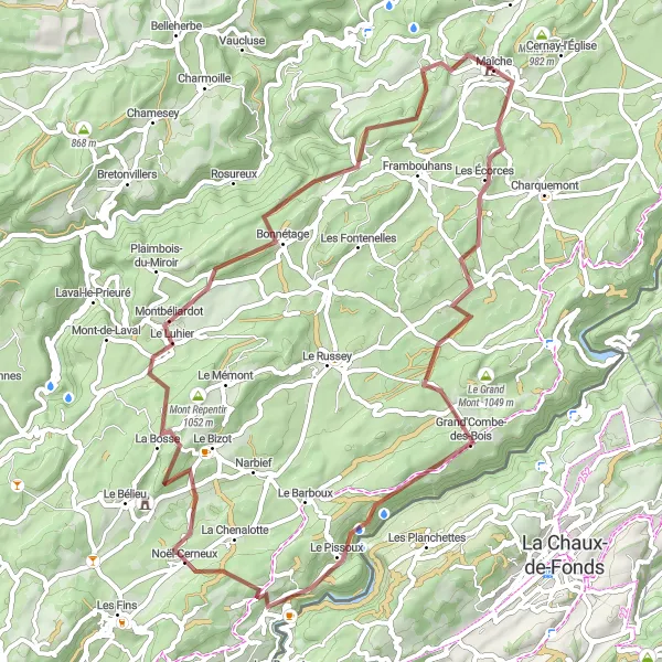 Map miniature of "Gravel Adventure to Roche de Ruan" cycling inspiration in Franche-Comté, France. Generated by Tarmacs.app cycling route planner
