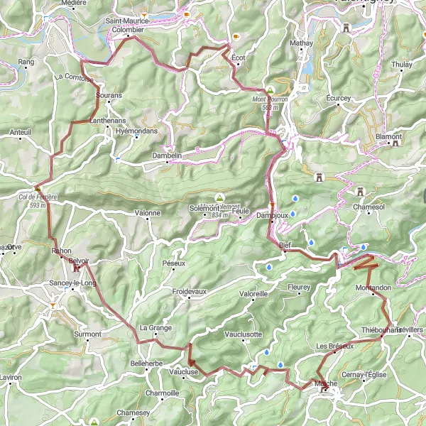 Map miniature of "Circuit de Maîche" cycling inspiration in Franche-Comté, France. Generated by Tarmacs.app cycling route planner