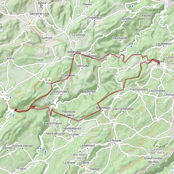 Miniature de la carte de l'inspiration cycliste "Tour des Points de Vue en Franche-Comté" dans la Franche-Comté, France. Générée par le planificateur d'itinéraire cycliste Tarmacs.app