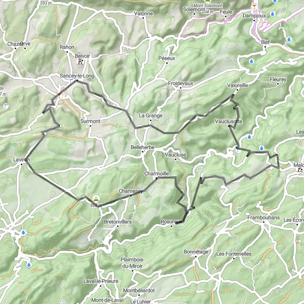 Miniature de la carte de l'inspiration cycliste "Boucle Battenans-Varin - Orgeans-Blanchefontaine" dans la Franche-Comté, France. Générée par le planificateur d'itinéraire cycliste Tarmacs.app